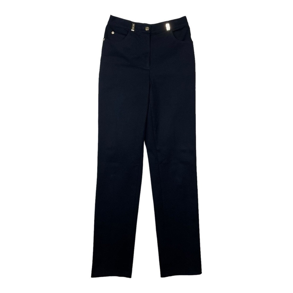 St. John Sport Marie Gray Trousers Straight Leg Denim Black Gold Buckle - Picture 4 of 7
